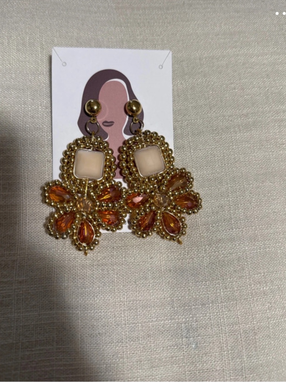 Gold-Tone Floral Drop Earrings with Orange Stones - Women Jewelry